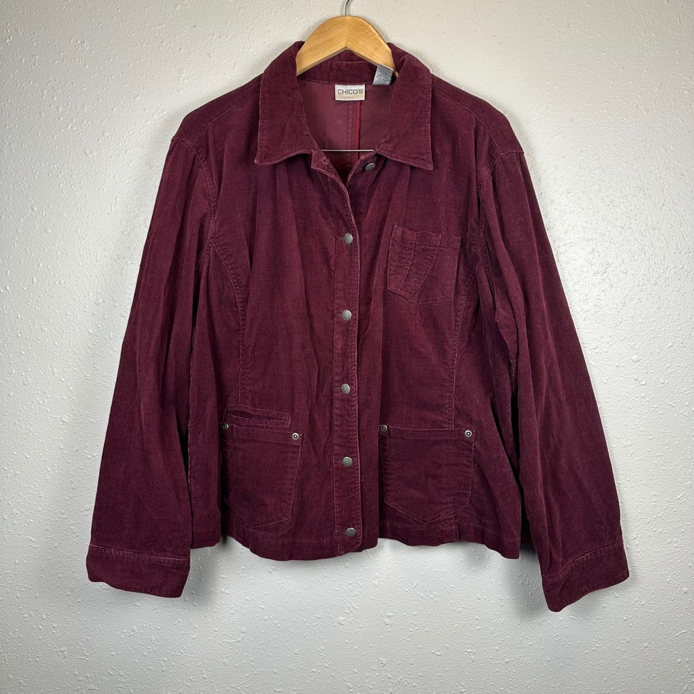 Chicos Womens XL Corduroy Button Down Jacket Burgundy Fall Western Utility Cover